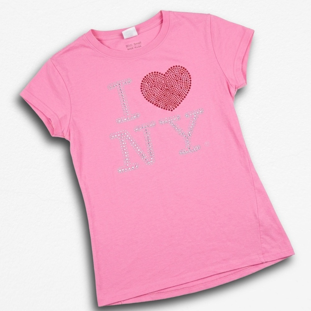 I Love NY Pink Rhinestone‎ Graphic T-Shirt Womens Small 100% Cotton Souvenir Tee